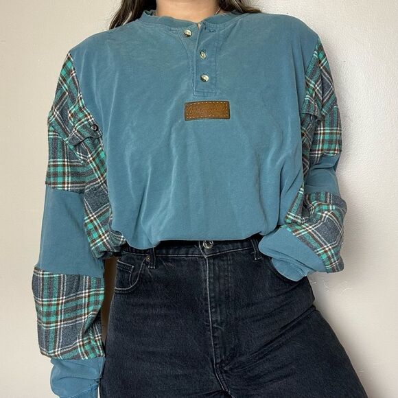 Reworked Upcycled Wrangler Baggy Two Tone Long Sleeve Henley Green Flannel Shirt - Picture 1 of 4